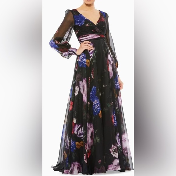 Mac Duggal Floral Print Chiffon Long Sleeve Maxi Dress 67872 - Picture 3 of 16
